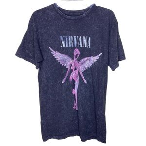 Nirvana In Utero Black and Purple Acid Wash Graphic T-Shirt Y2k Grunge Size M